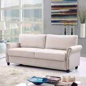 linen sofa with nailheads